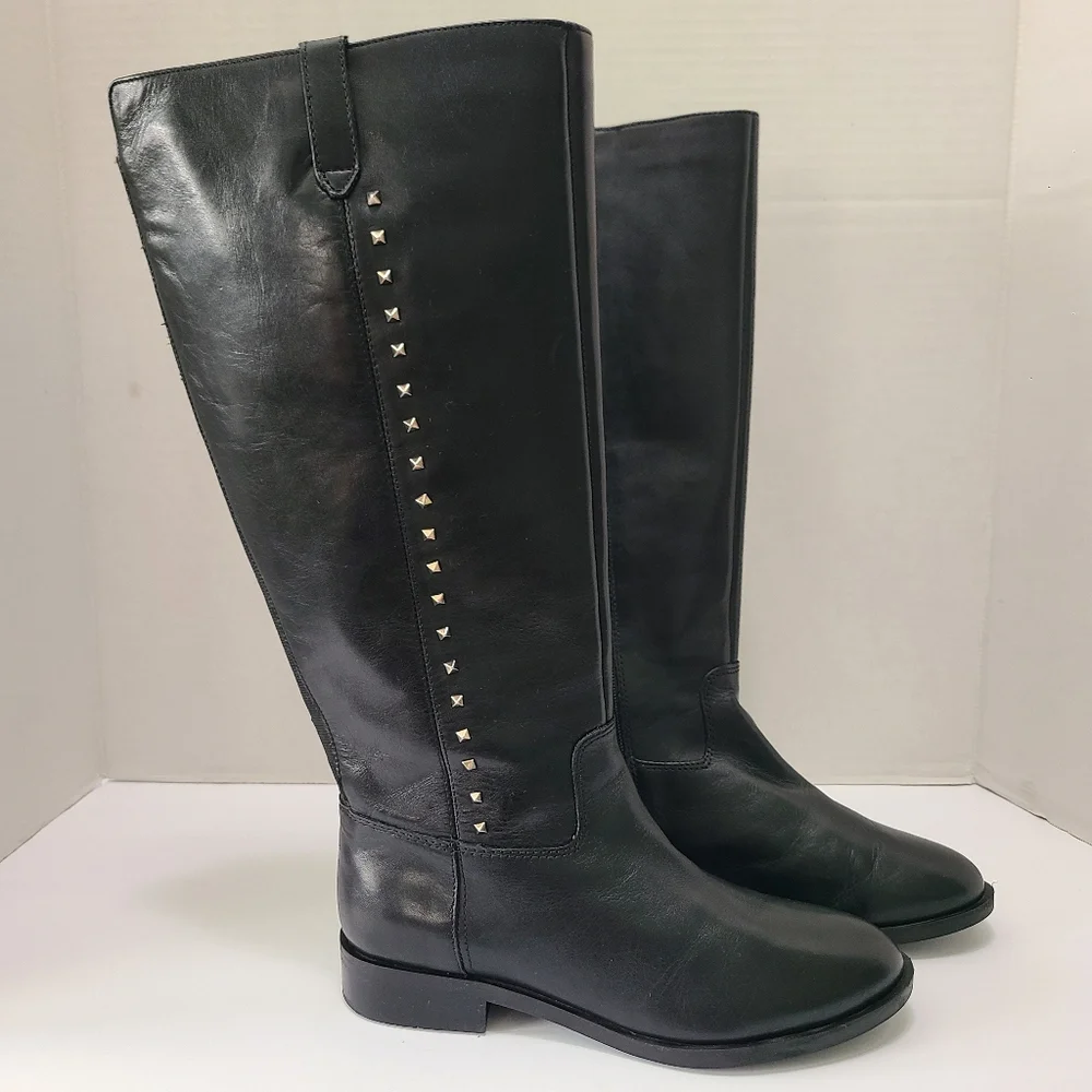 Marc Fisher Secrit Black Studded Leather‎ Knee-High Boots Wide Calf 7.5